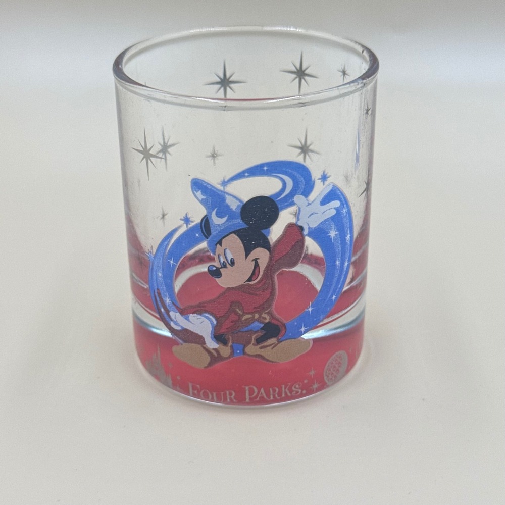Disney Shot Glass Clear Red Sorcerer Mickey Mouse Four Parks Walt Disney World